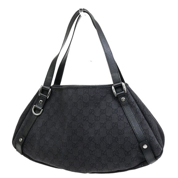 GUCCI Logo GG Pattern Shoulder Tote Bag Canvas Leather Black Italy - Picture 1 of 16